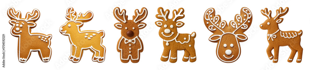 Obraz premium Gingerbread reindeer cookie set including various poses and decorated styles isolated. Christmas holiday and winter baking collection.