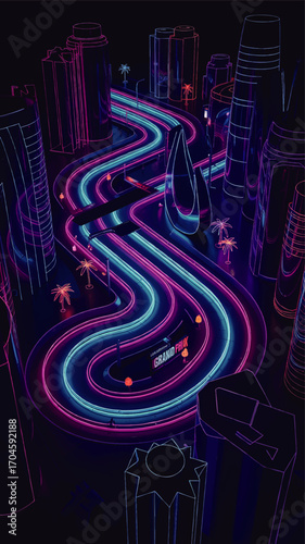 Futuristic Neon City Grand Prix Race Track – Vibrant Cyberpunk Urban Nightscape With Glowing Blue And Pink Lights