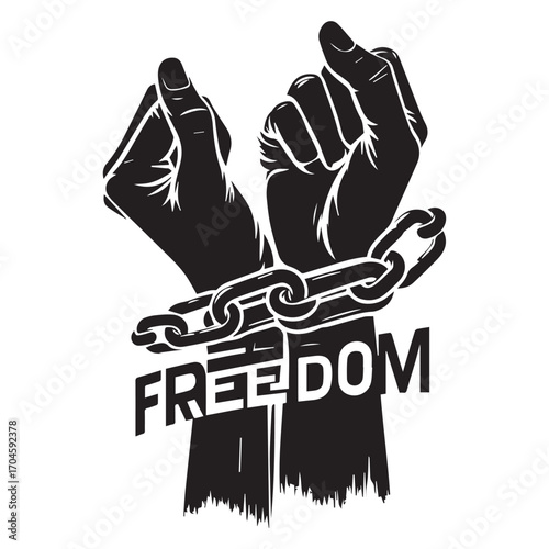 Black and white illustration of two raised fists breaking a thick chain with the word FREDOM below