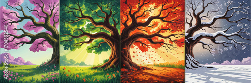 Vibrant Four Seasons Tree Illustration – Spring, Summer, Autumn, Winter Nature Landscape, Seasonal Change Concept Art