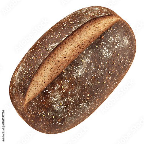 A freshly baked oval-shaped sourdough bread with a dark crust and a central slash, dusted with flour and speckled with seeds.