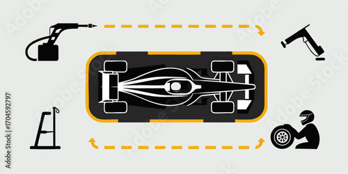Flat Design Vector Illustration of Formula 1 Pit Stop Teamwork with Race Car, Fuel Pump, Tire Change and Tools on Light Background
