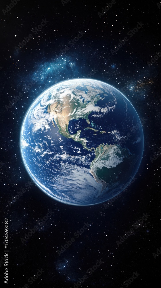 Fototapeta premium Planet Earth viewed from outer space, vibrant blue Earth globe surrounded by stars and nebulae in deep space