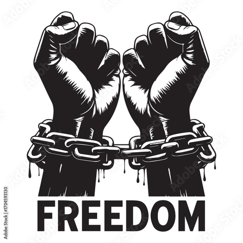 Two clenched fists chained together with dripping effect and the word FREDOM below freedom