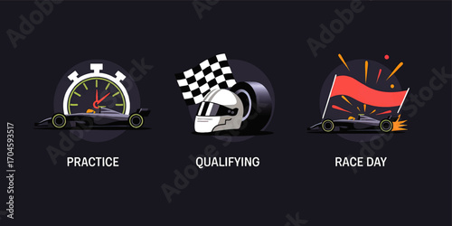 Modern flat vector illustration of Formula 1 race weekend stages – practice, qualifying, and race day with car, helmet, flags, and stopwatch icons