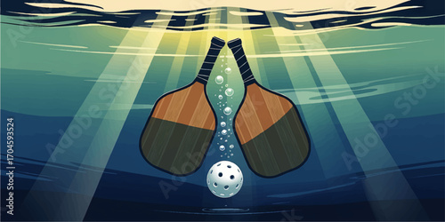 Underwater Pickleball Paddles and Ball with Sun Rays – Sports Concept Vector Illustration in Blue Green Tones