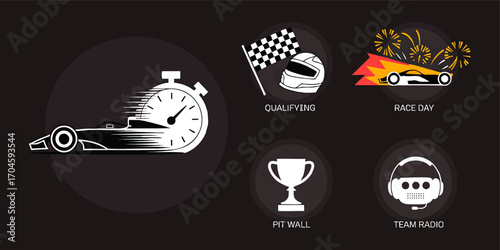 Formula 1 Racing Concept Icons Set – Qualifying, Race Day, Pit Wall, Team Radio, Fast Car Stopwatch, Motorsport Themed Vector Illustration