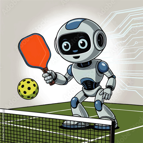 Cute Cartoon Robot Playing Pickleball on Futuristic Court with Paddle and Ball – Fun Technology and Sports Illustration