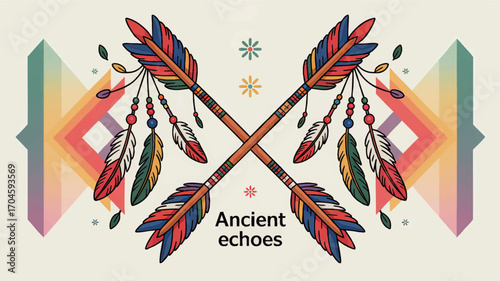 Boho Tribal Arrow Art with Feathers and Geometric Pattern, Colorful Native American Ethnic Design, Decorative Spirit, Ancient Echoes