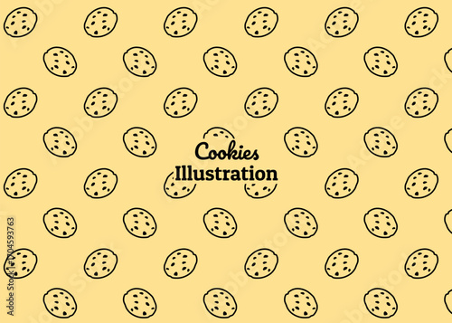 A cookies illustration pattern with cream background, food packaging, menu illustration hand drawn print ads, food business, snack