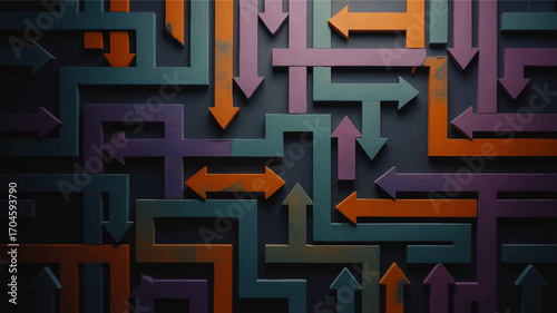Abstract colorful arrows maze background, vibrant 3D geometric pattern symbolizing direction, choice, decision, business concepts