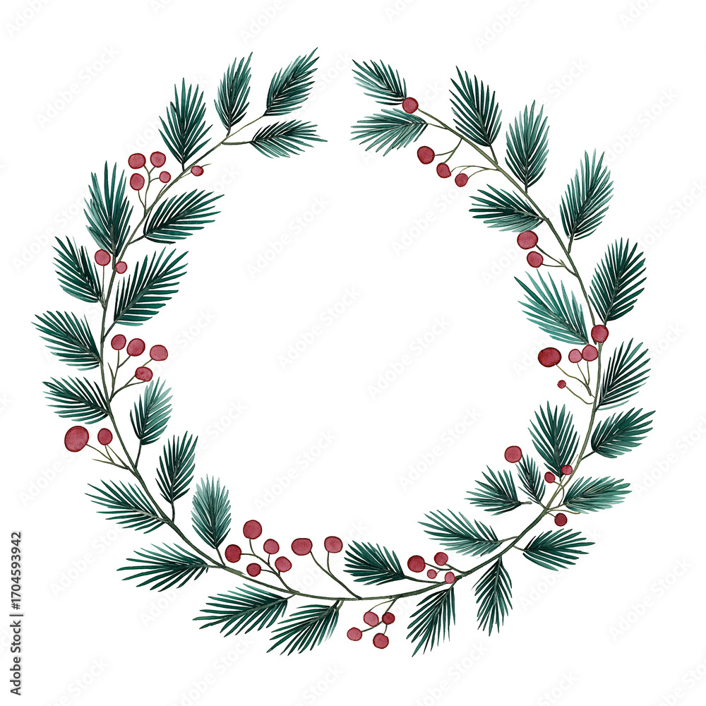 Fototapeta premium Watercolor hand-painted Christmas wreath with pine needles and red berries, isolated on a transparent background. Ideal for holiday design, greeting cards, and festive decorations.
