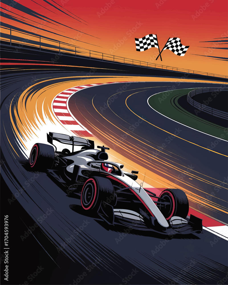 Naklejka premium Dynamic Formula 1 Race Car Illustration on Curved Track at Sunset with Checkered Flags – Motorsport Vector Art Concept