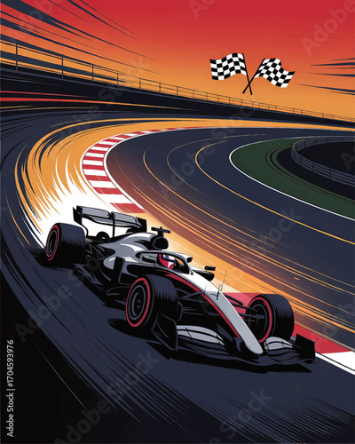 Dynamic Formula 1 Race Car Illustration on Curved Track at Sunset with Checkered Flags – Motorsport Vector Art Concept