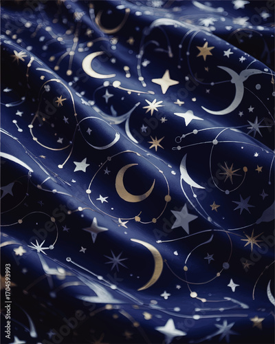 Elegant Dark Blue Fabric with Gold Celestial Moon and Star Pattern, Seamless Astronomy Night Sky Textile Background