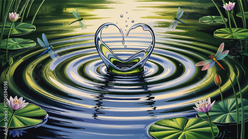 Heart-Shaped Water Splash With Dragonflies, Lily Pads, And Lotus Flowers On A Tranquil Pond At Sunrise – Nature Love Concept Art