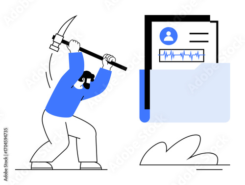 Person wielding a pickaxe to mine from a digital folder containing user profile and data chart. Ideal for data mining, cybersecurity, research, analytics, technology extraction, innovation, simple