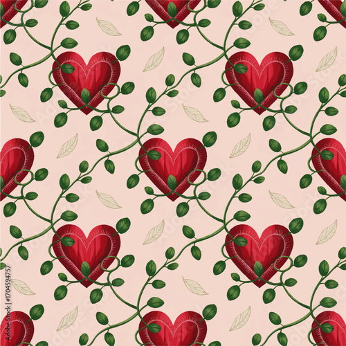 Romantic Heart-Shaped Floral Pattern Seamless Vector Background with Green Vines and Leaves on Soft Pink for Valentine’s Day