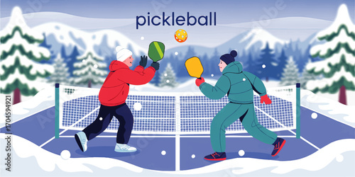 Winter Pickleball Game Illustration – Players in Warm Clothing Playing Outdoors in Snowy Forest Mountains, Active Winter Sports Concept