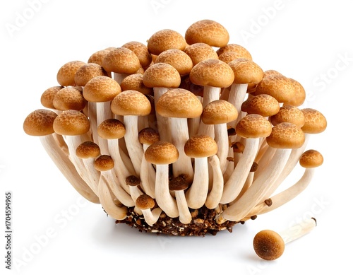 Cluster of brown mushrooms on white background