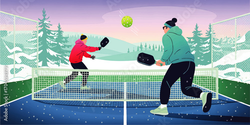Winter Outdoor Pickleball Match Illustration – People Playing Pickleball in Snowy Forest, Cold Weather Sports Concept, Vibrant Colors
