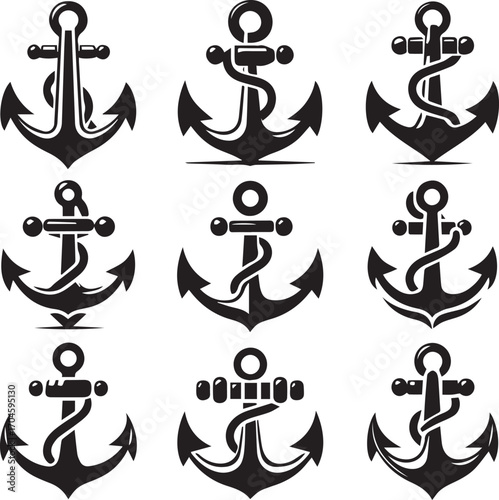 A collection of nine distinct black and white graphic illustrations of nautical anchors with rope details on a white background
