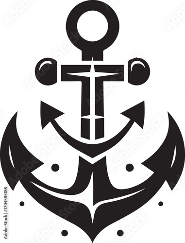 A stylized black silhouette of a nautical anchor with a starburst design in the center on a white background