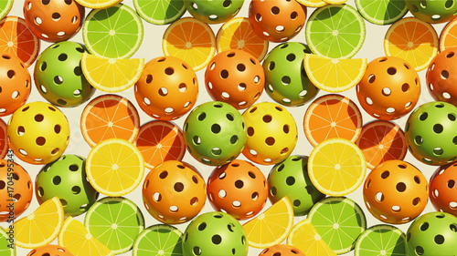 Vibrant Citrus Fruit Slice and Pickleball Seamless Pattern Background – Orange, Lemon, Lime Sports Balls and Fresh Summer Design