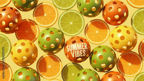 Vibrant Summer Vibes Seamless Pattern with Citrus Slices and Colorful Pickleballs, Modern Sport and Fruit Background