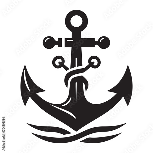 Black nautical anchor with rope and waves on a white background vector illustration ocean maritime