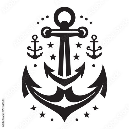 Black nautical anchor with smaller anchors stars and dots on a white background vector illustration