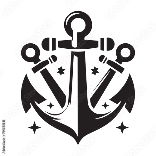 Black nautical anchor with three smaller anchors and stars on a white background vector illustration