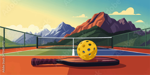 Vibrant Pickleball Court with Paddle and Ball Outdoors, Scenic Mountain Landscape, Sunset Sky, Recreational Sport Illustration