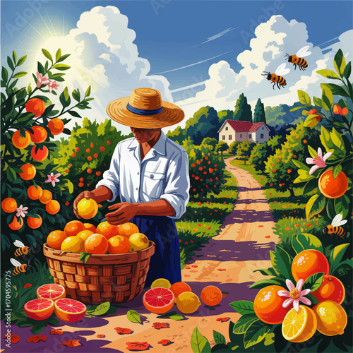 Vibrant Citrus Orchard Harvest with Farmer Picking Oranges, Bees, Flowers, and Countryside House Under Sunny Sky – Colorful Vector Illustration