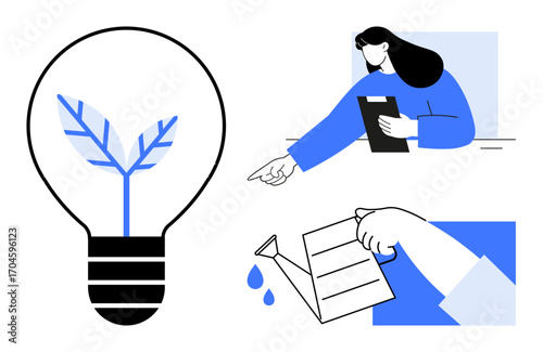 Lightbulb with a plant symbolizing growth, woman reviewing documents, and watering can nurturing idea. Ideal for innovation, ecology, teamwork, growth, education, sustainability simple landing page