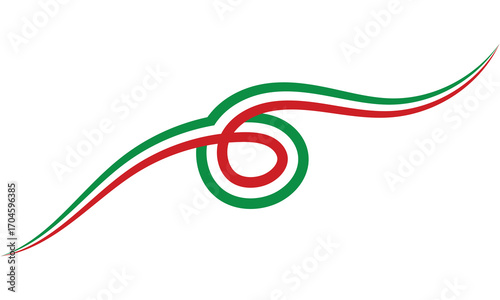 Italian flag tricolor stripes curvy design  with national flag colors. Illustration of Italy map filled with the national tricolor flag design in green, white, and red on a plain background. 
