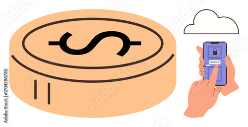 Smartphone unlocking a financial account represented by a coin with a dollar sign. Cloud integration implies connectivity and security. Ideal for fintech, e-commerce, banking, security, technology