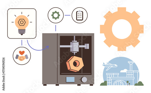 3D printer creating a geometric part, surrounded by symbols of innovation, teamwork, settings, and airport infrastructure. Ideal for technology, industry, creativity, research manufacturing