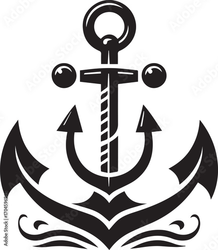 Nautical Anchor with Stylized Waves and Decorative Elements on White Background Keywords: anchor, nautical, maritime, sea, ocean, marine, sailing, ship, boat, vintage, retro, emblem, symbol, icon