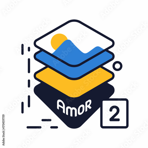 This image features a colorful layered design with blue water, yellow sun, and a bold AMOR text that embodies love, creativity, and visual appeal in an artistic style.