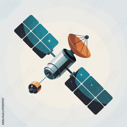 This image represents a satellite in space with intricate details, highlighting solar panels and a dish, symbolizing advanced technology and communication systems.