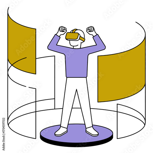 A person wearing a virtual reality headset raises their arms in excitement, lost in an immersive gaming or virtual world experience that surrounds them fully.