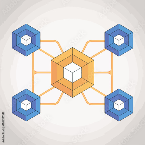 This image features a central hexagon connected to three outer hexagons, employing a modern geometric design that reflects connection and unity in abstract art.