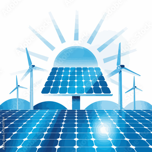 This illustration depicts a renewable energy landscape with solar panels and wind turbines under a bright sun, representing sustainability and innovation in energy production.