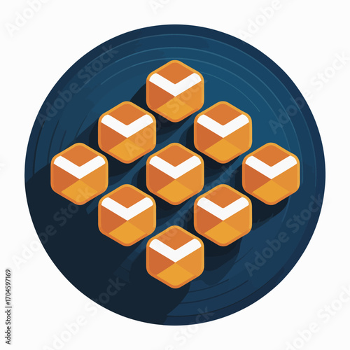 This abstract image showcases a series of stylized boxes arranged in an organized manner, highlighting concepts of structure and interplay within a creative visual field.