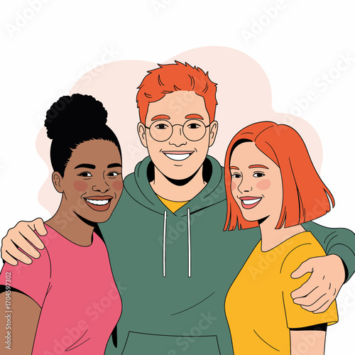 This vibrant image showcases three friends with diverse hairstyles and smiles, captured in a casual group portrait, radiating happiness and friendship.