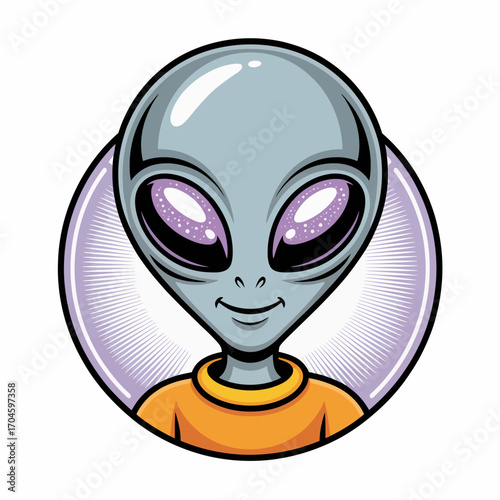This cartoon-styled alien character features oversized eyes and a friendly smile, embodying curiosity, friendliness, and the mystery of life beyond our planet.