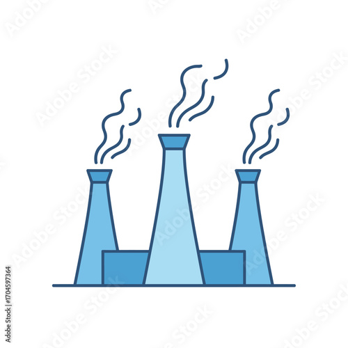 This image presents an array of simple cooling towers at an industrial power facility, emphasizing the energetic production process and environmental impacts in a minimalist style.