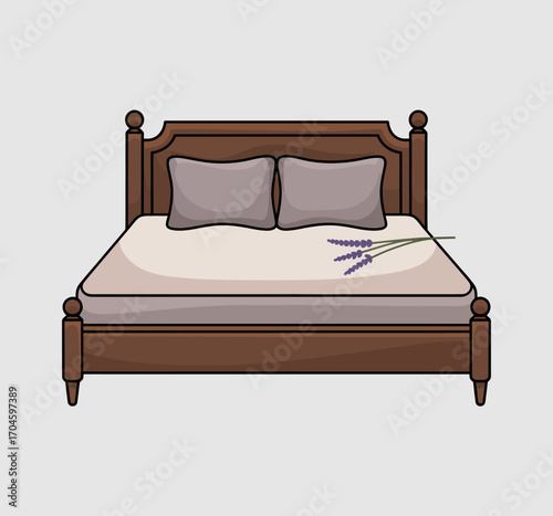 An elegant wooden bed adorned with soft pillows and a lavender sprig, creating a serene and inviting atmosphere ideal for a cozy and relaxing bedroom retreat for everyone.