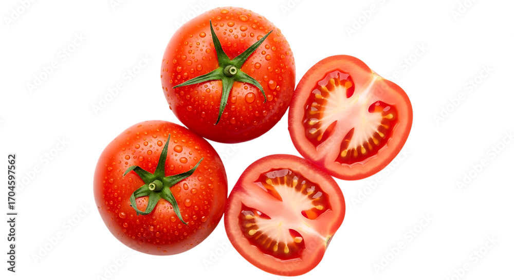 Fototapeta premium Whole and Halved Tomatoes with Water Droplets fruit